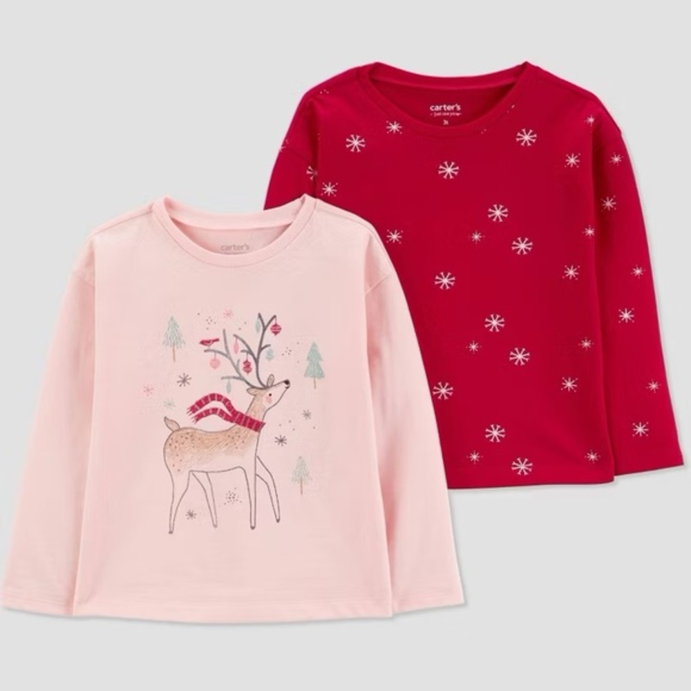 Carter's Just One You nwt Girls' Christmas 2pk Reindeer Snowflake T-Shirt - Pink